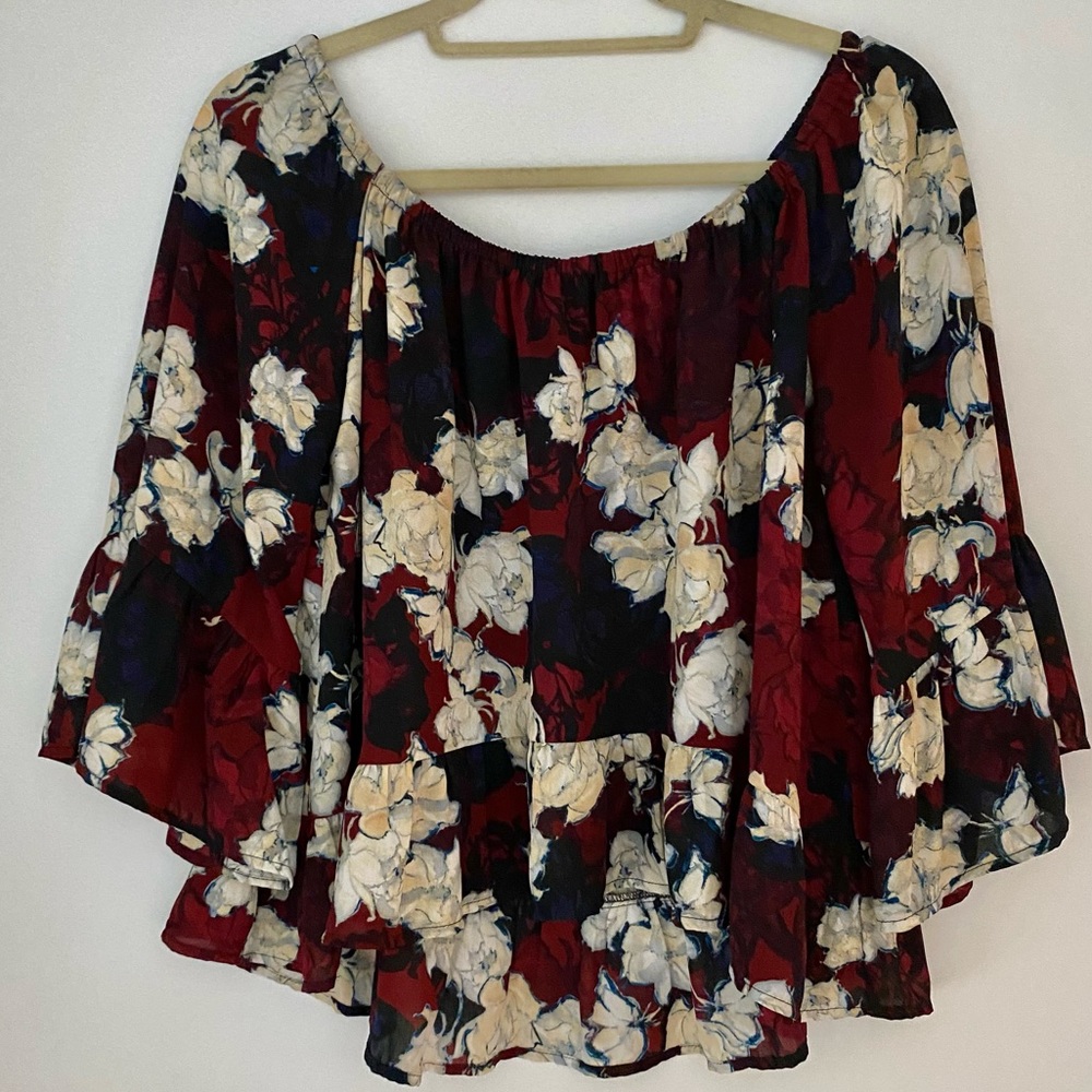 AQUA ruffle off the shoulder floral top